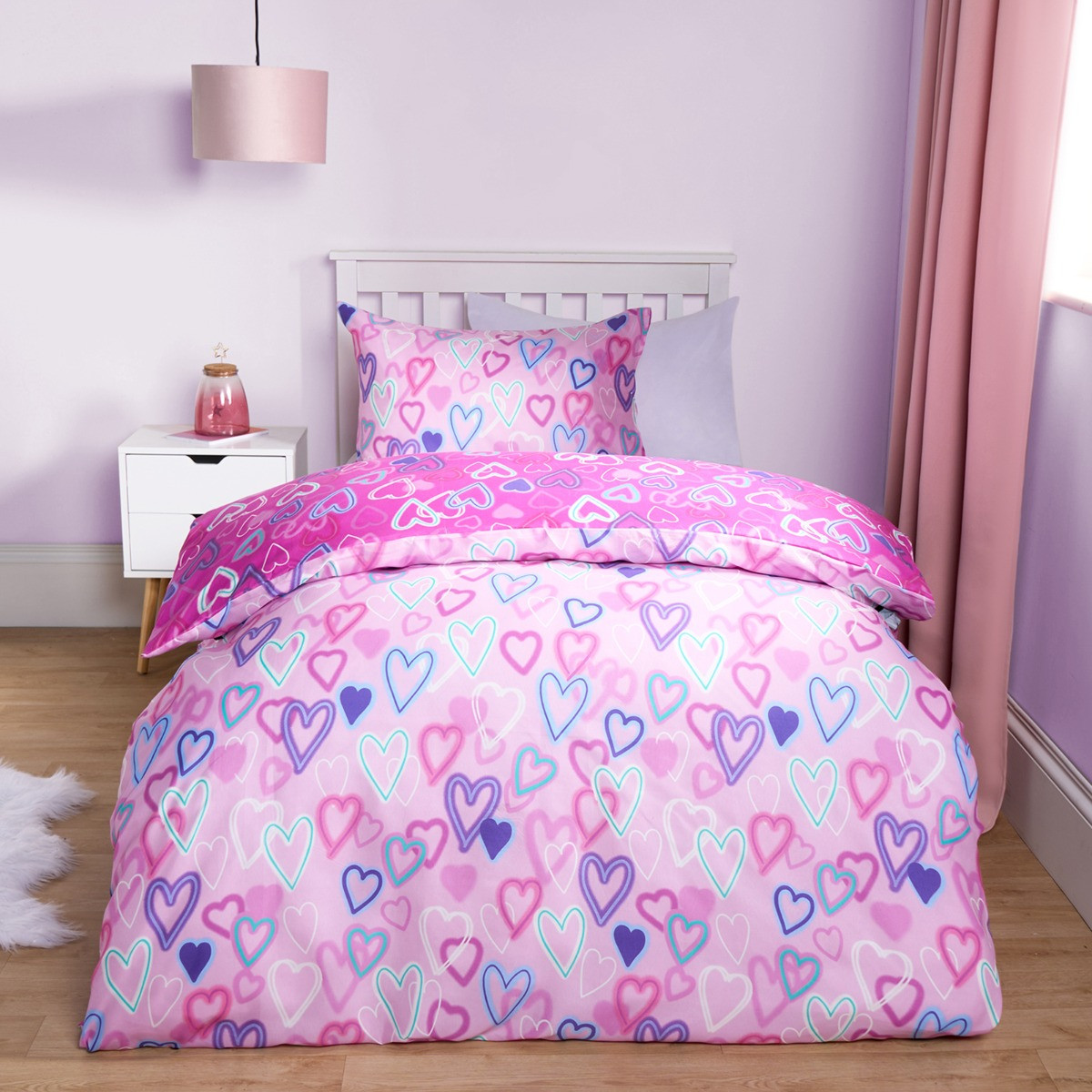 OHS Neon Hearts Reversible Duvet Cover Set - Pink>