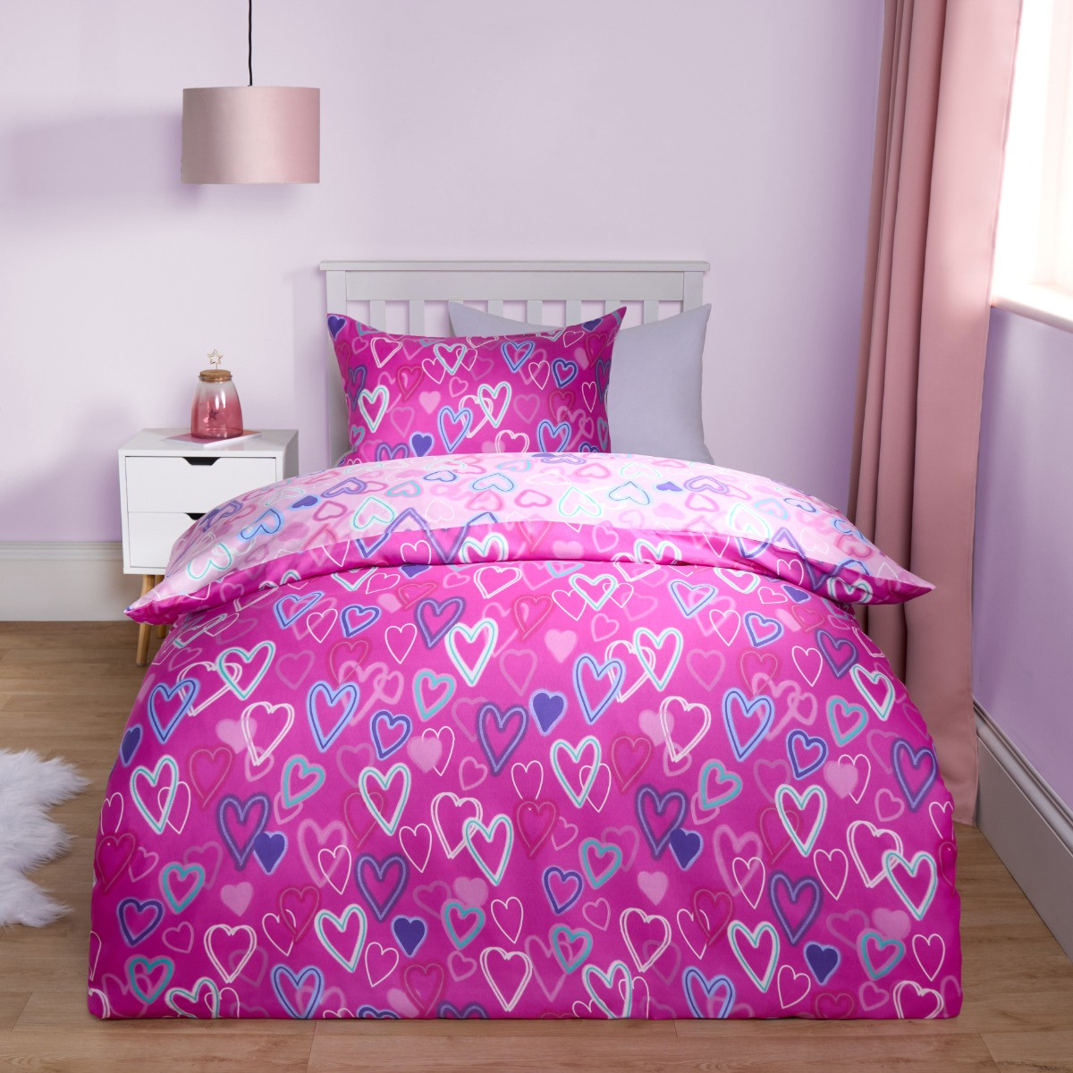 OHS Neon Hearts Reversible Duvet Cover Set - Pink>