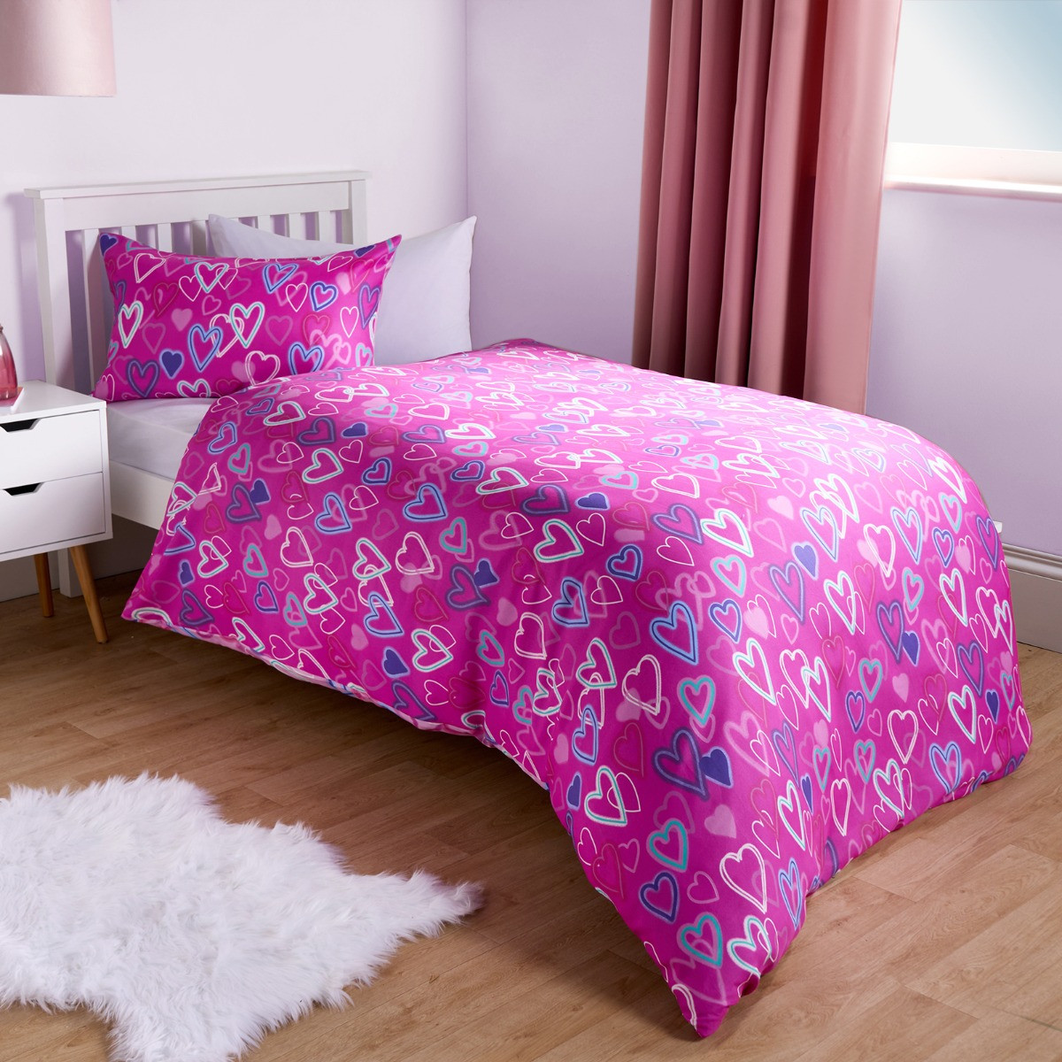 OHS Neon Hearts Reversible Duvet Cover Set - Pink>