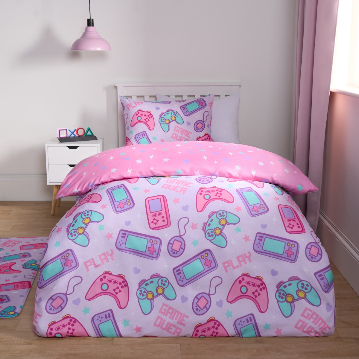 OHS Gaming Print Reversible Duvet Cover Set - Pink >