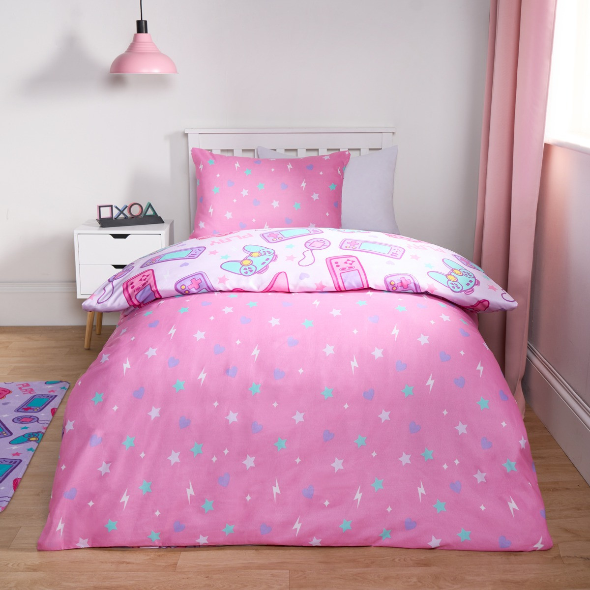 OHS Gaming Print Reversible Duvet Cover Set - Pink >