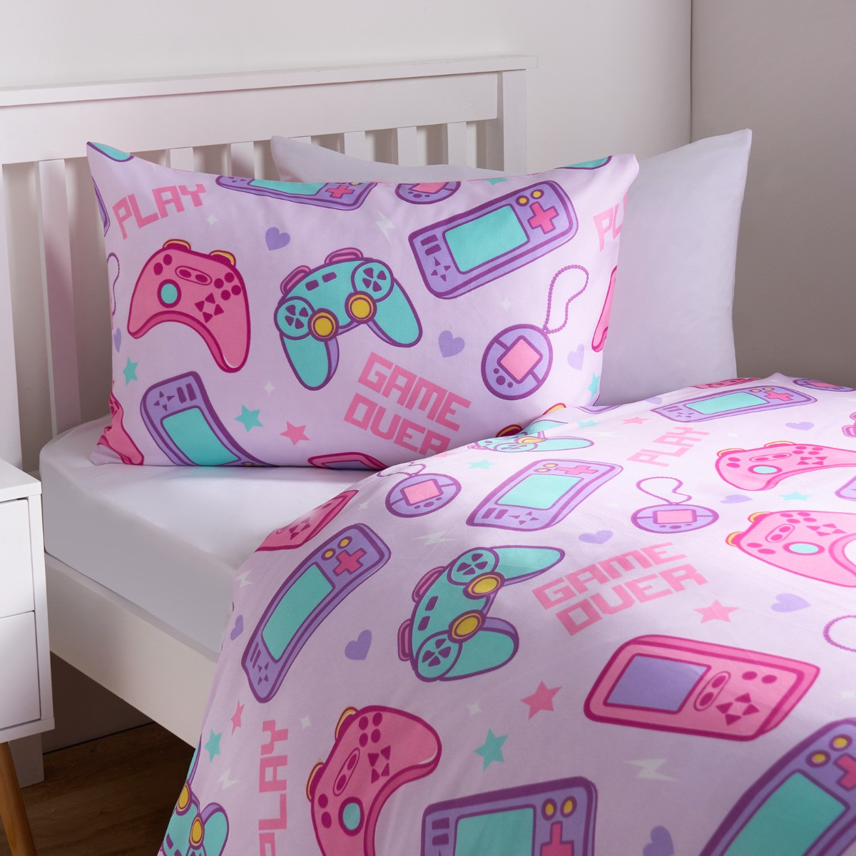 OHS Gaming Print Reversible Duvet Cover Set - Pink >