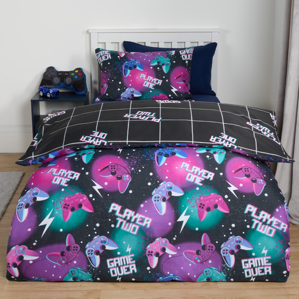 OHS Neon Gaming Check Reversible Duvet Cover Set - Black >