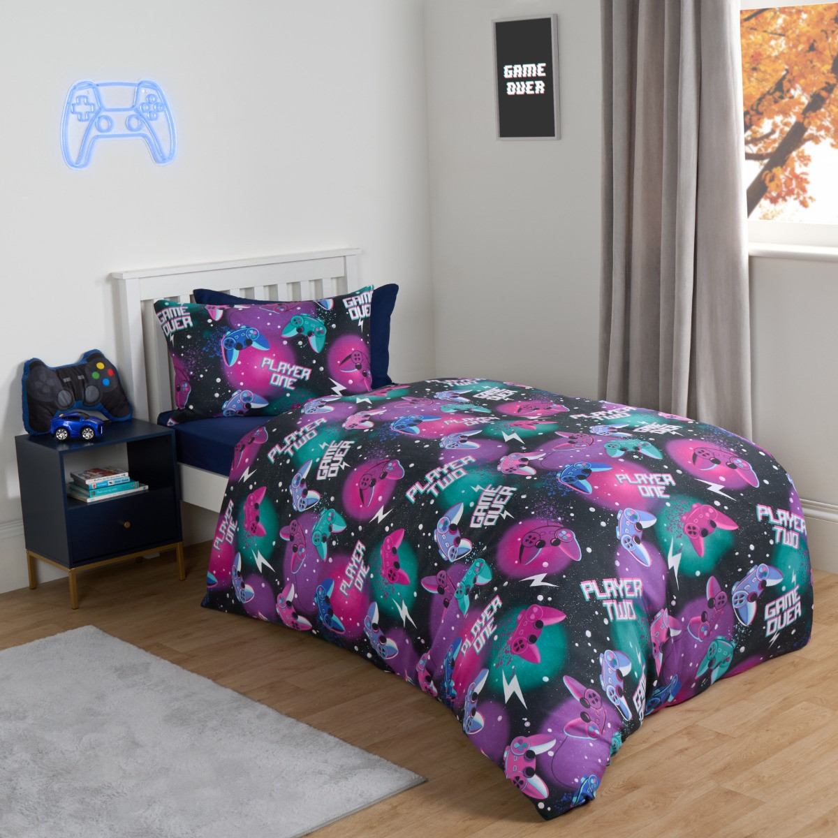 OHS Neon Gaming Check Reversible Duvet Cover Set - Black >