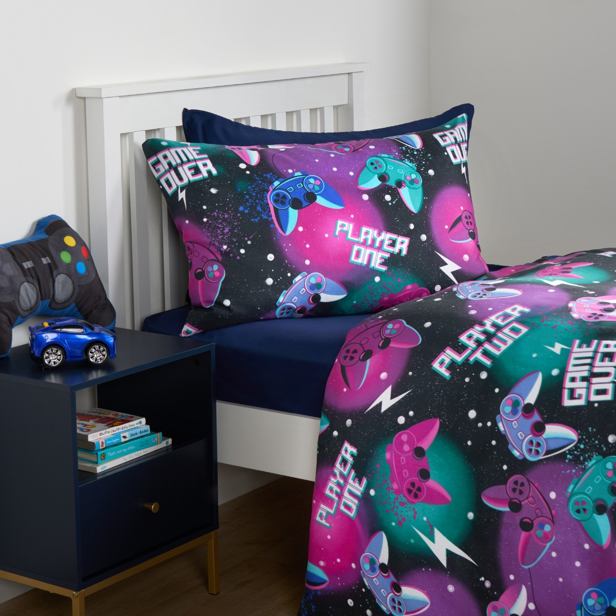 OHS Neon Gaming Check Reversible Duvet Cover Set - Black >