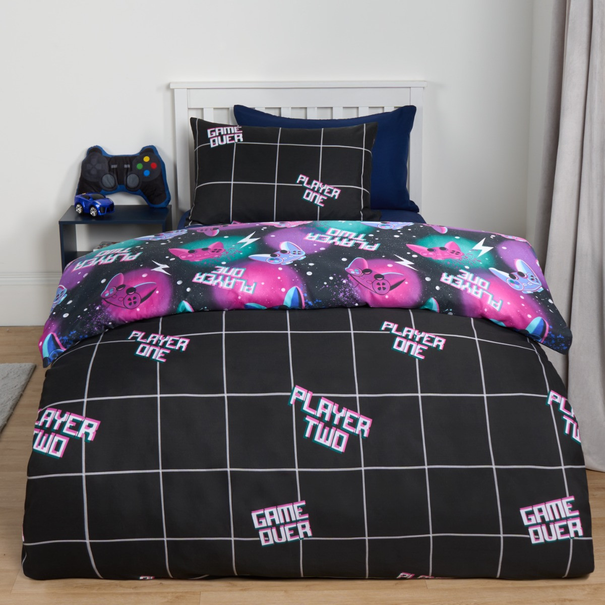 OHS Neon Gaming Check Reversible Duvet Cover Set - Black >