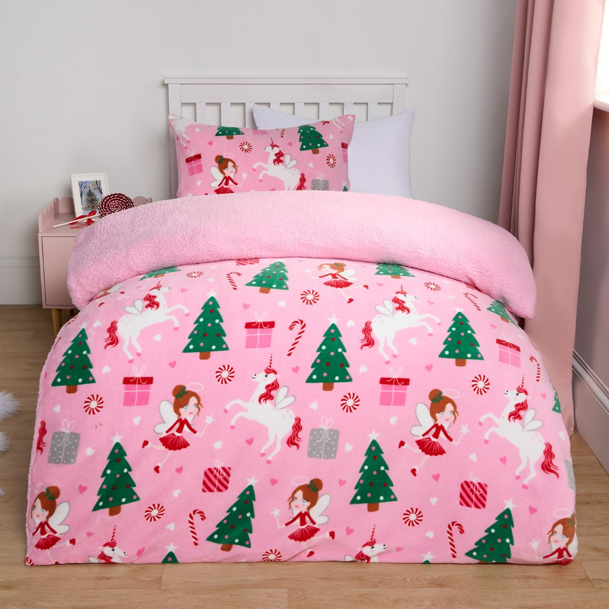 OHS Christmas Unicorn Fleece Duvet Set, Pink - Single >