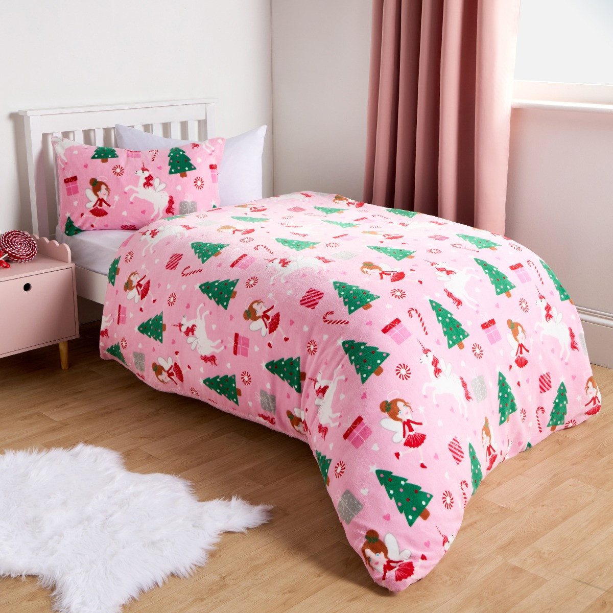 OHS Christmas Unicorn Fleece Duvet Set, Pink - Single >