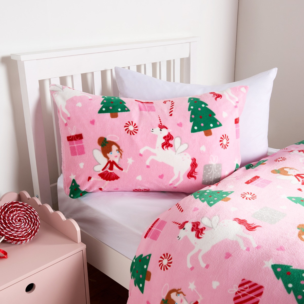 OHS Christmas Unicorn Fleece Duvet Set, Pink - Single >