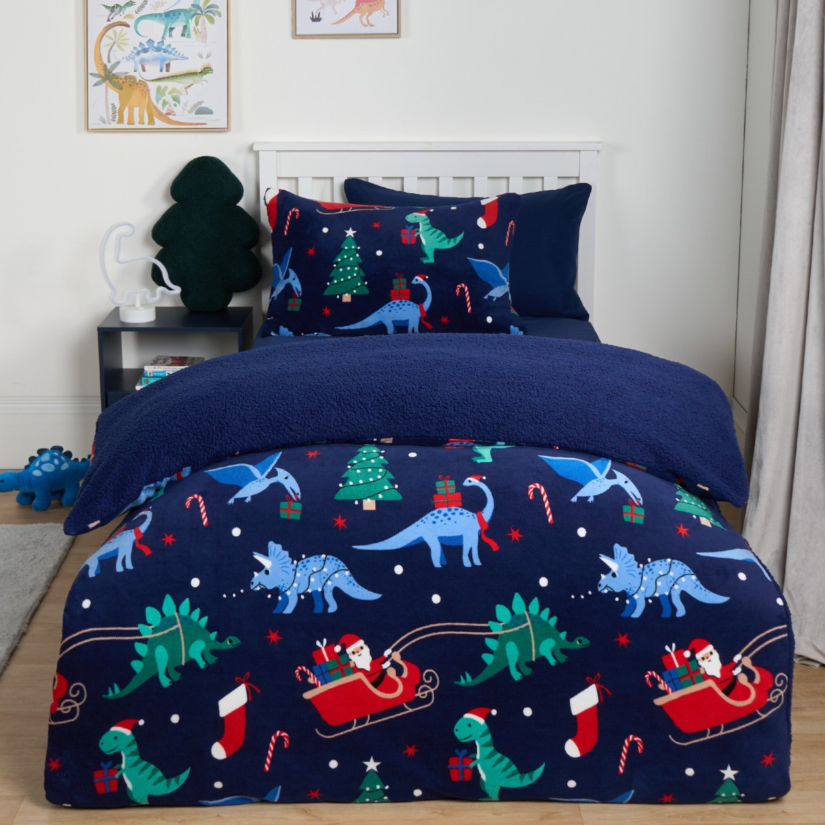 OHS Christmas Dino Fleece Duvet Set, Navy - Single >