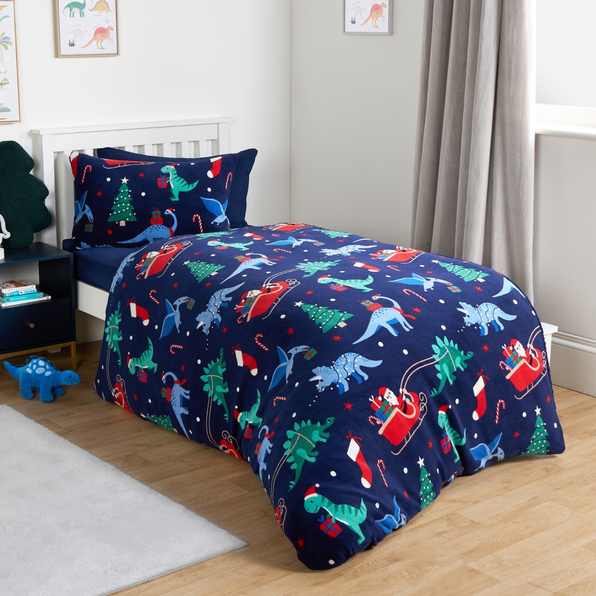 OHS Christmas Dino Fleece Duvet Set, Navy - Single >