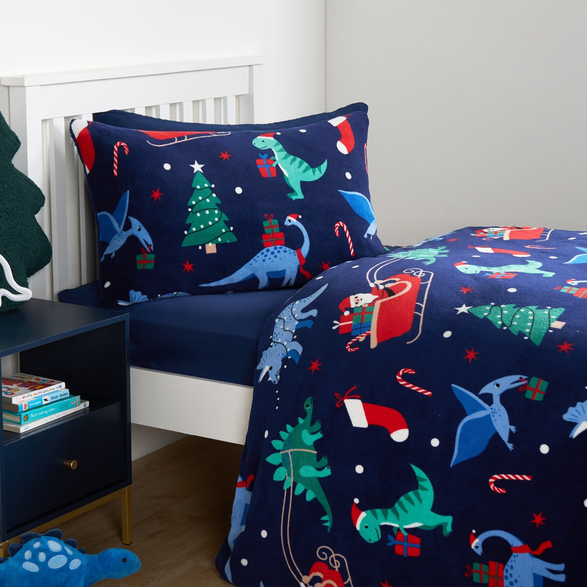 OHS Christmas Dino Fleece Duvet Set, Navy - Single >