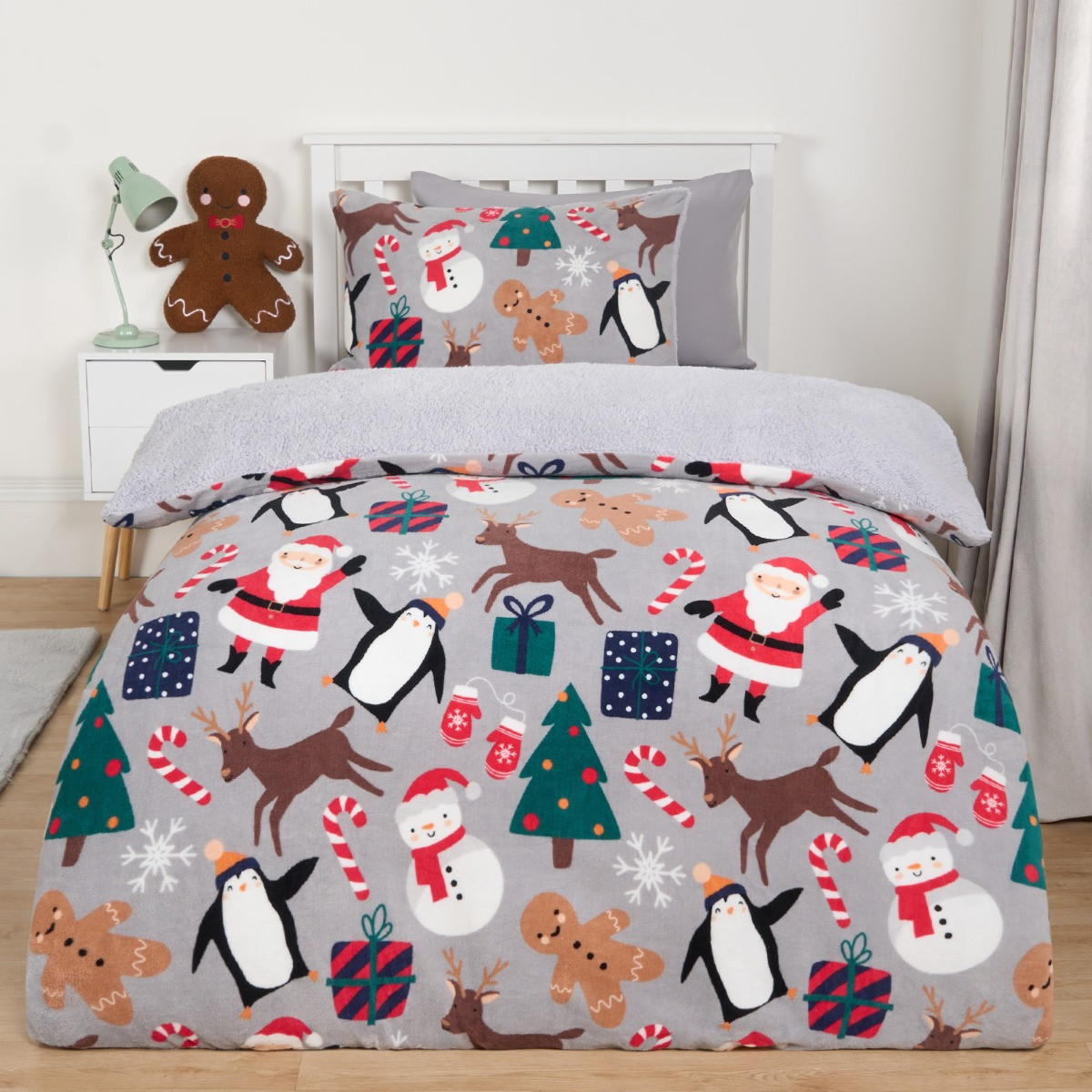 OHS Christmas Friends Fleece Duvet Set, Grey - Single >