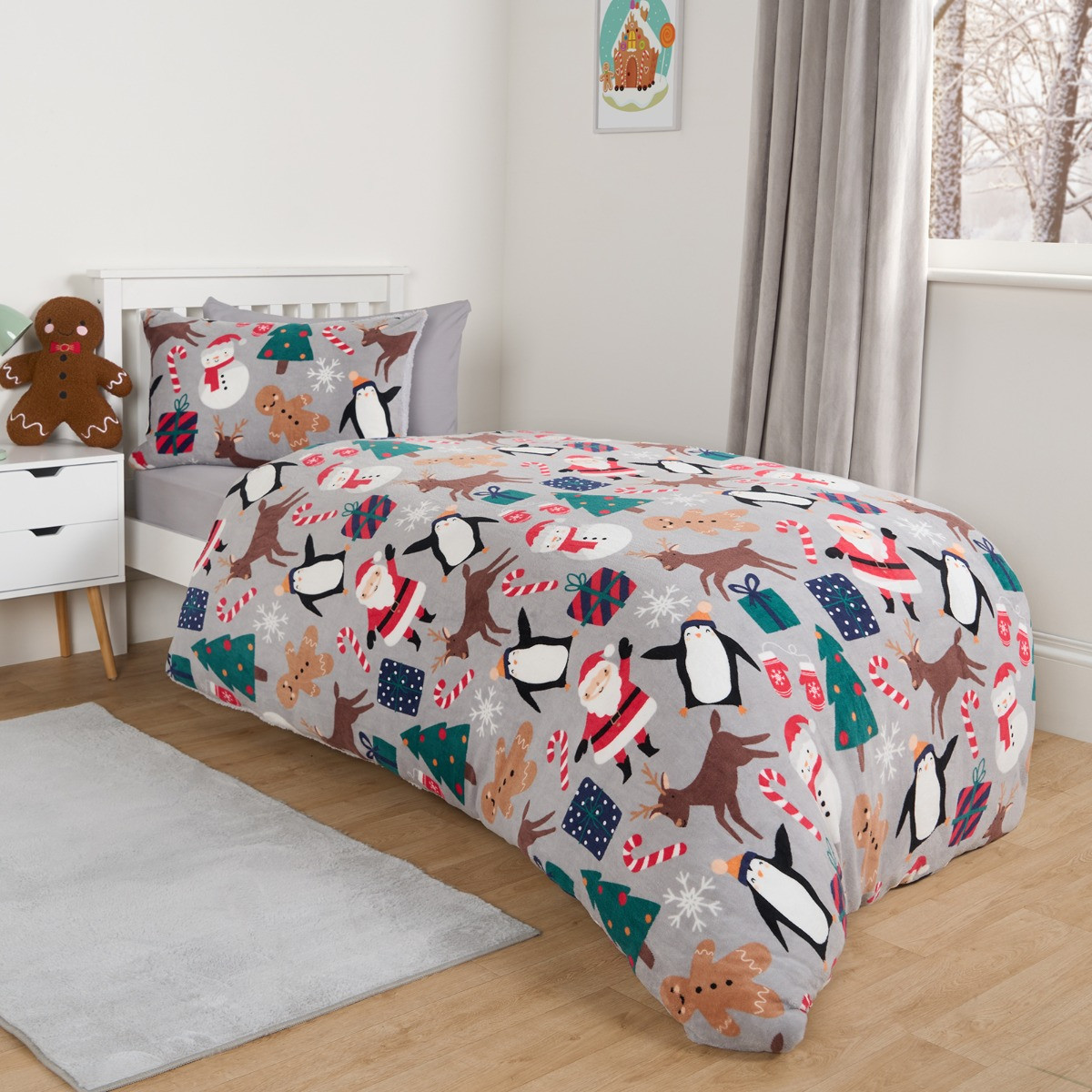 OHS Christmas Friends Fleece Duvet Set, Grey - Single >