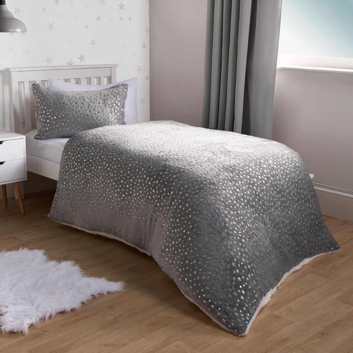 OHS Metallic Stars Fleece Duvet Set - Grey>