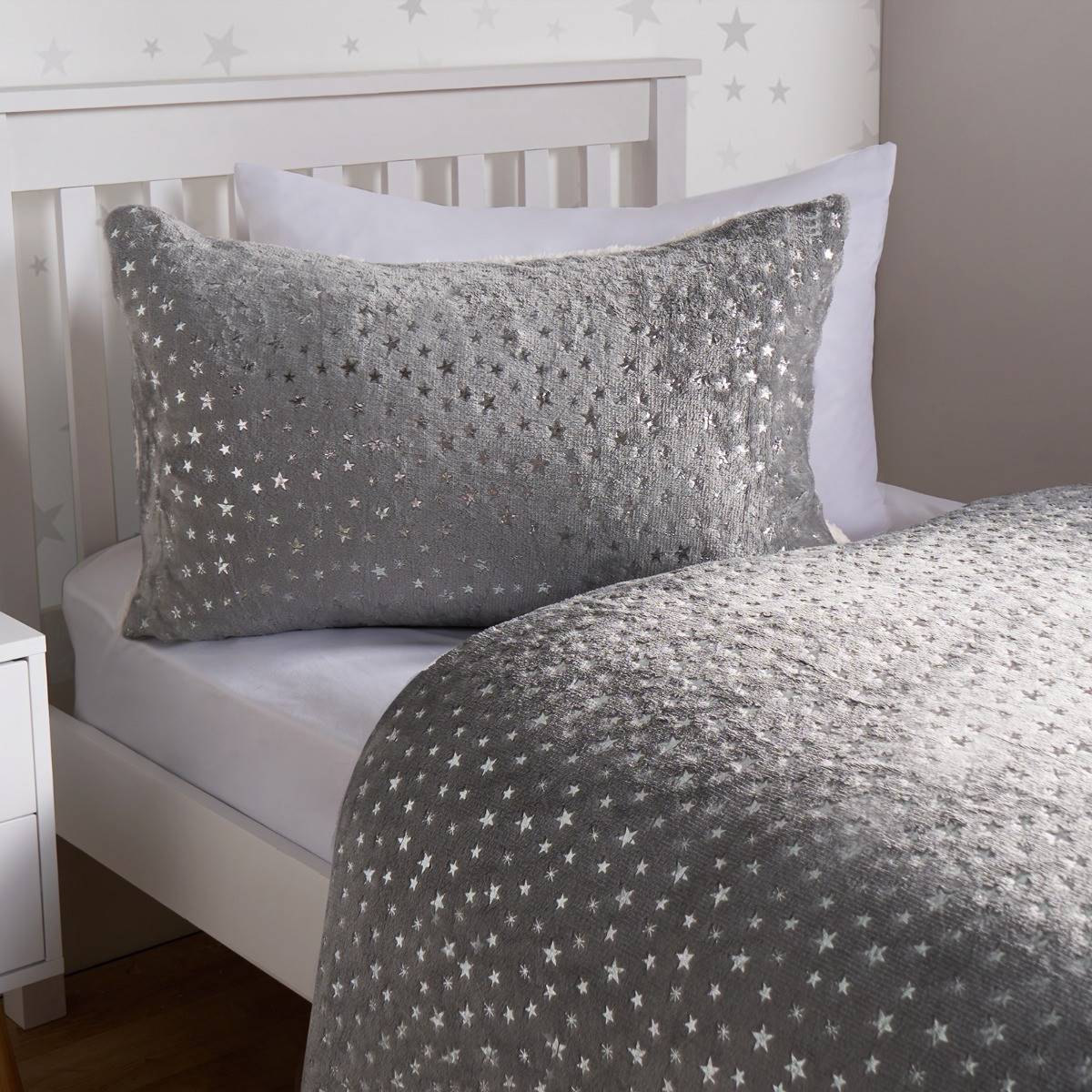 OHS Metallic Stars Fleece Duvet Set - Grey>