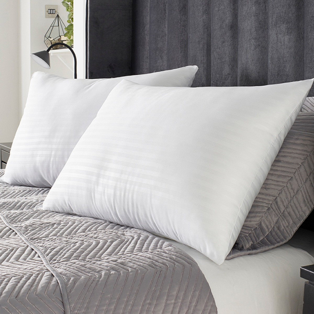 OHS Hotel Satin Stripe Pillow Pair, White - 2 Pack>