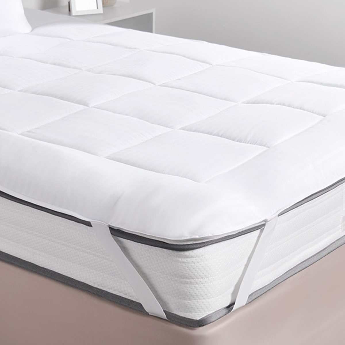 OHS Hotel Satin Stripe Mattress Topper, White - Double>