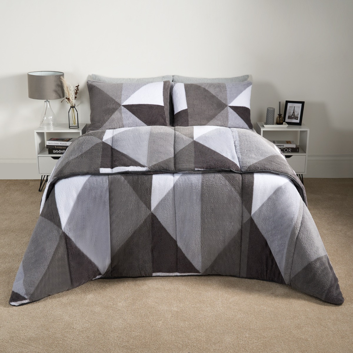 OHS Teddy Geometric Coverless 10.5 Duvet & Pillowcases, Grey - Double >