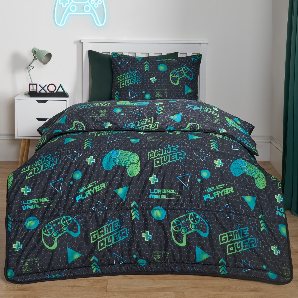 OHS Gaming Coverless 10.5 Tog Duvet & Pillowcase, Black - Single >