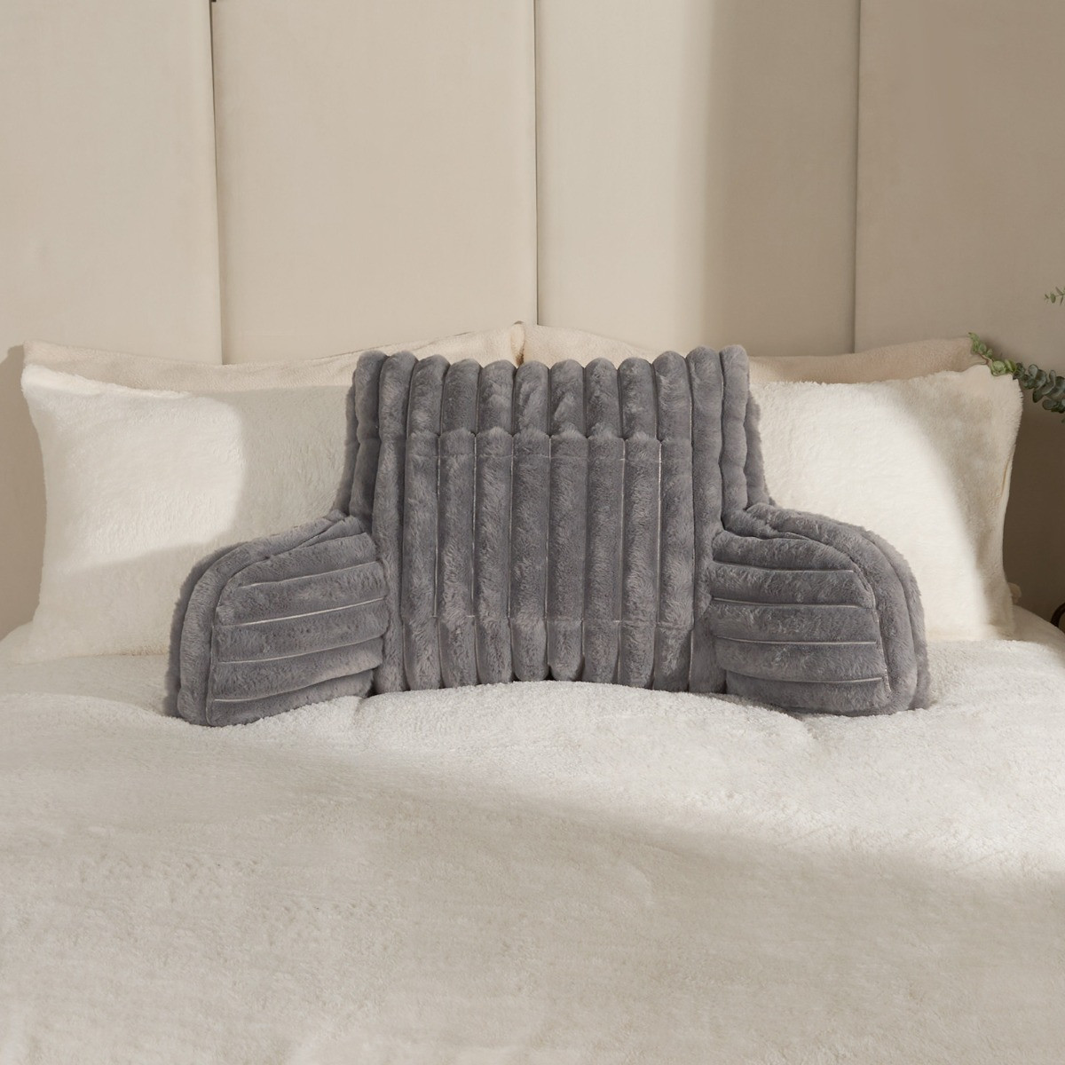 OHS Ribbed Faux Fur Cuddle Cushion with Heatable Pocket - Grey>