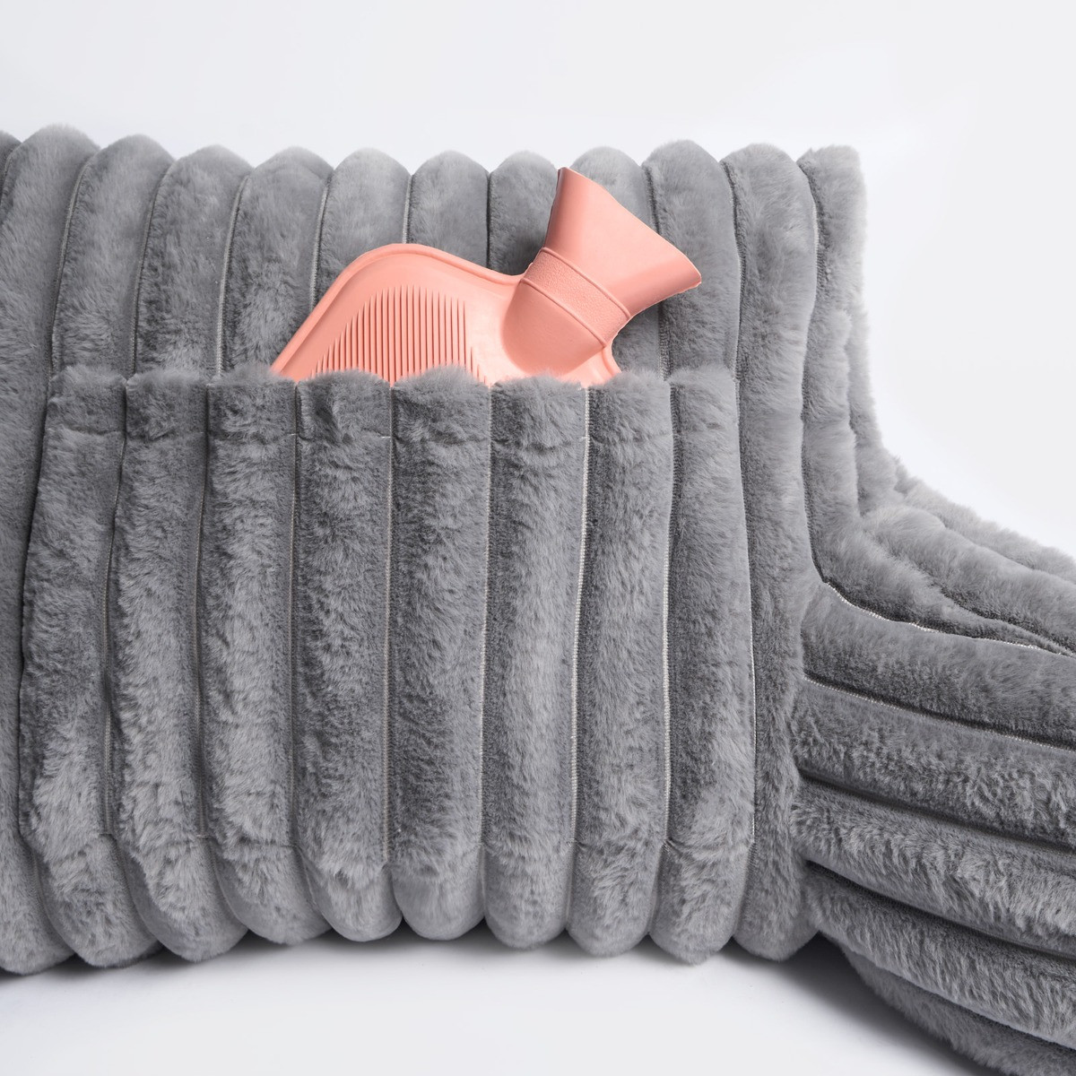 OHS Ribbed Faux Fur Cuddle Cushion with Heatable Pocket - Grey>