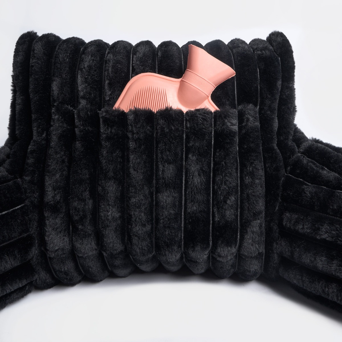 OHS Ribbed Faux Fur Cuddle Cushion with Heatable Pocket - Black>