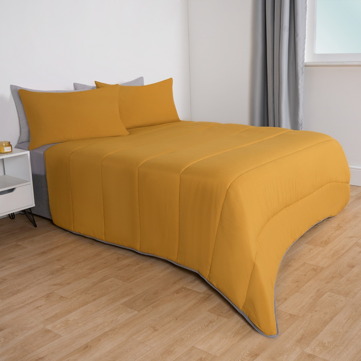 OHS Coverless 10.5 Tog Reversible Duvet & Pillowcase, Grey/Ochre - King>