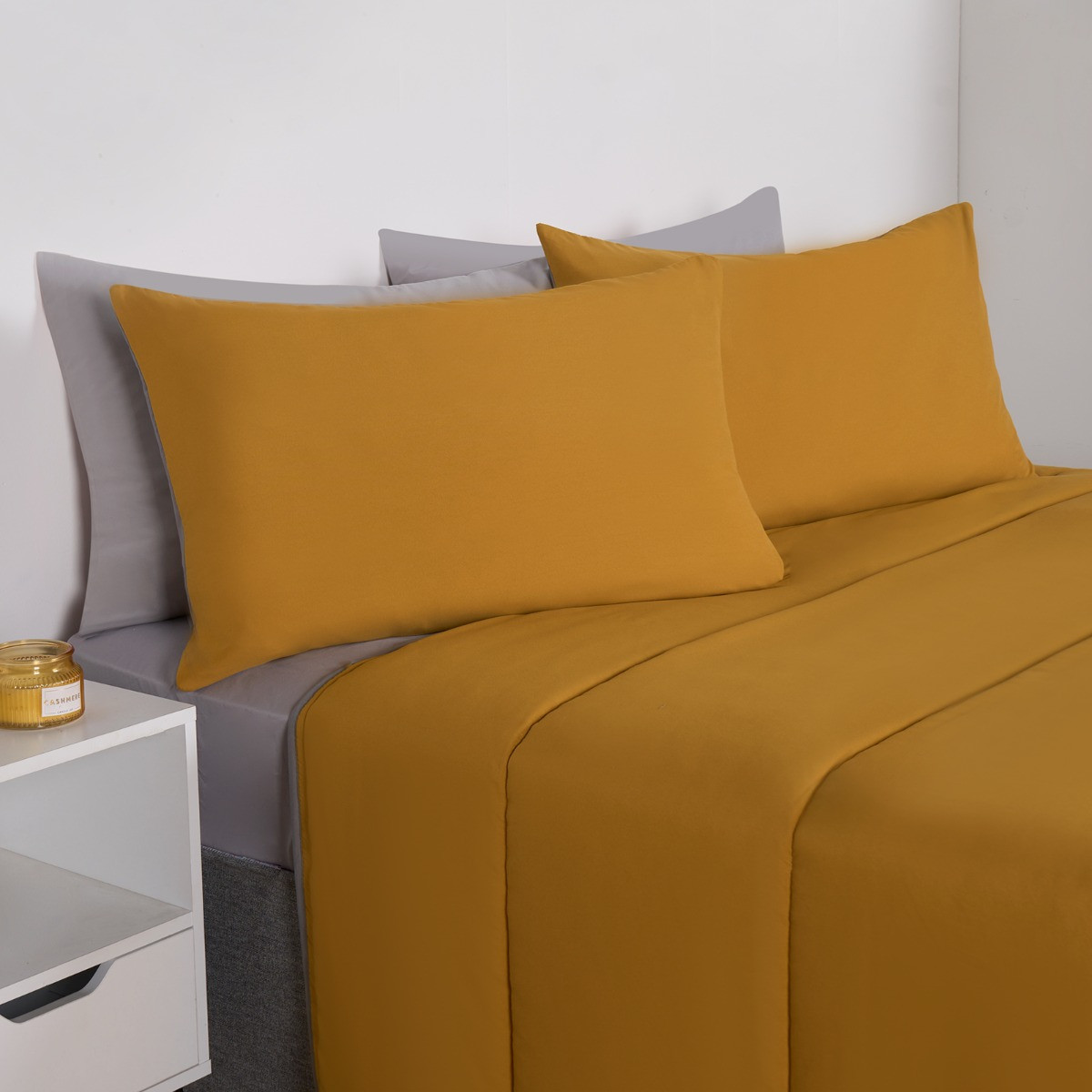 OHS Coverless 10.5 Tog Reversible Duvet & Pillowcase, Grey/Ochre - King>