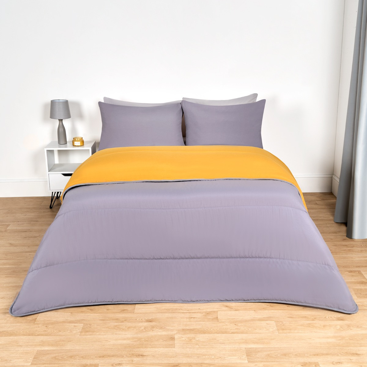 OHS Coverless 10.5 Tog Reversible Duvet & Pillowcase, Grey/Ochre - King>