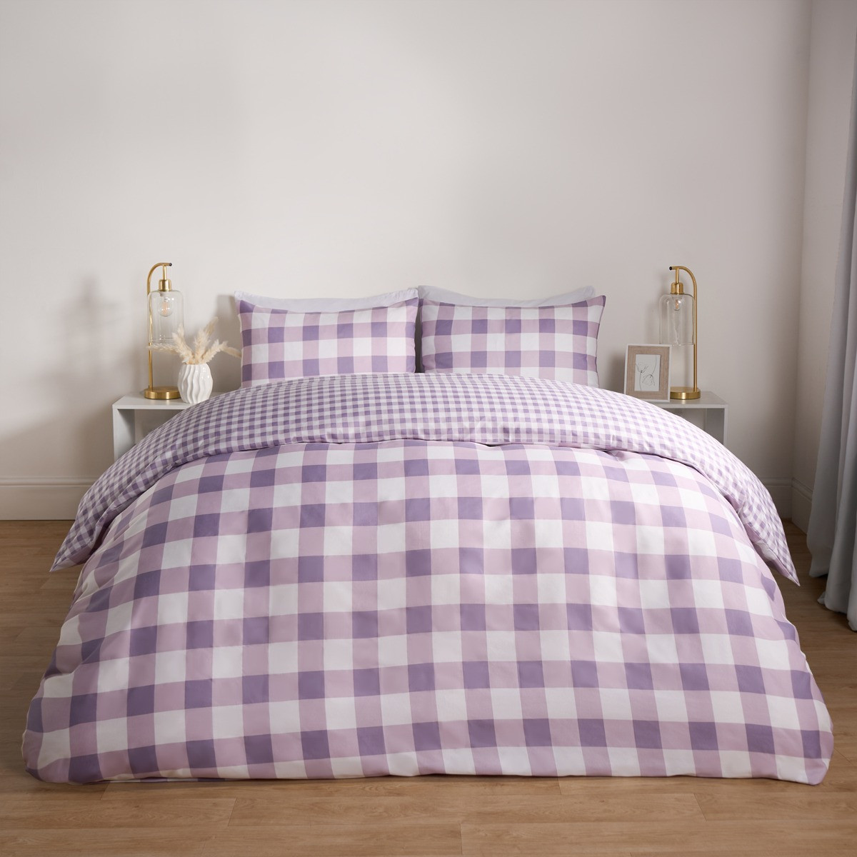 OHS Gingham Reversible Duvet Cover Set - Lilac>