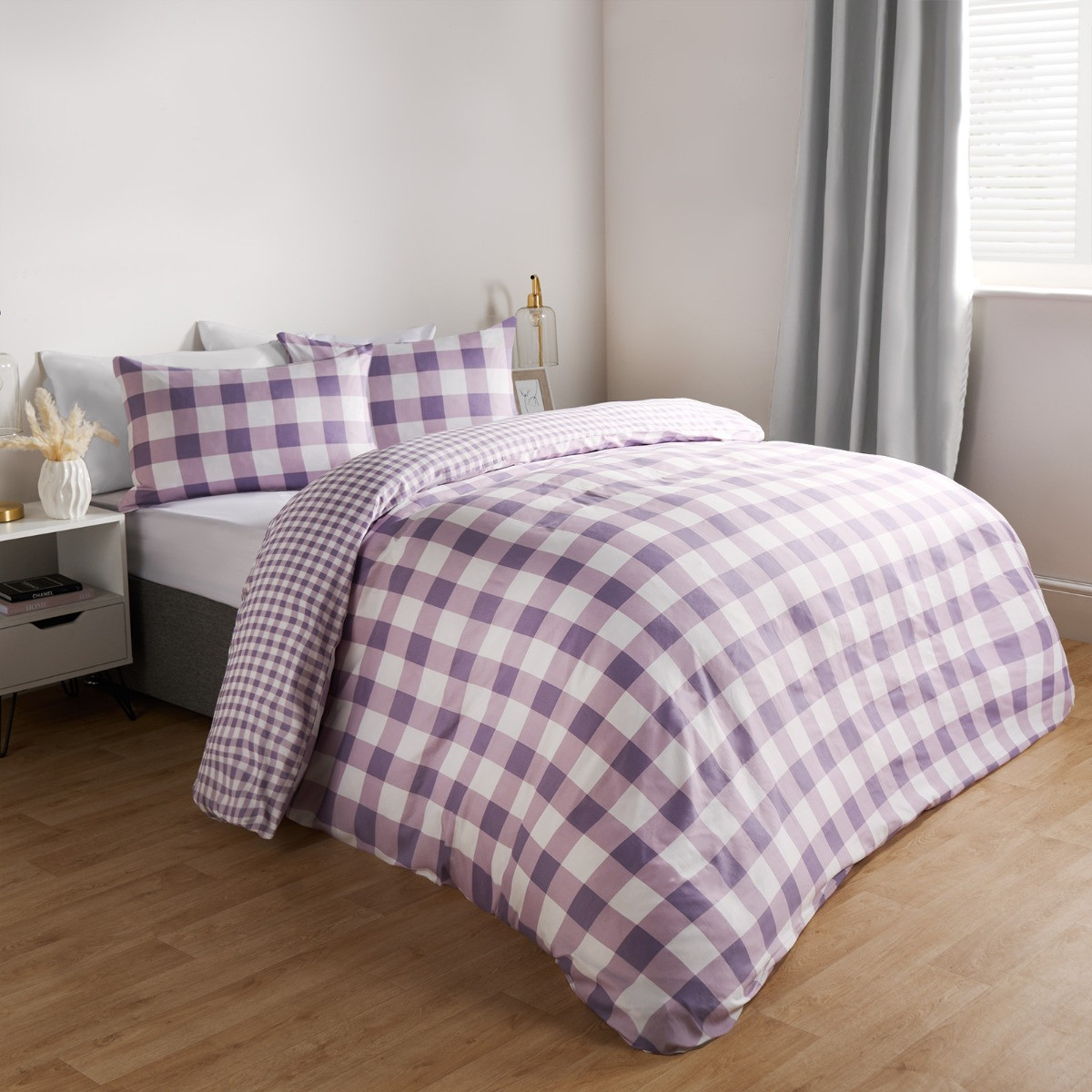 OHS Gingham Reversible Duvet Cover Set - Lilac>