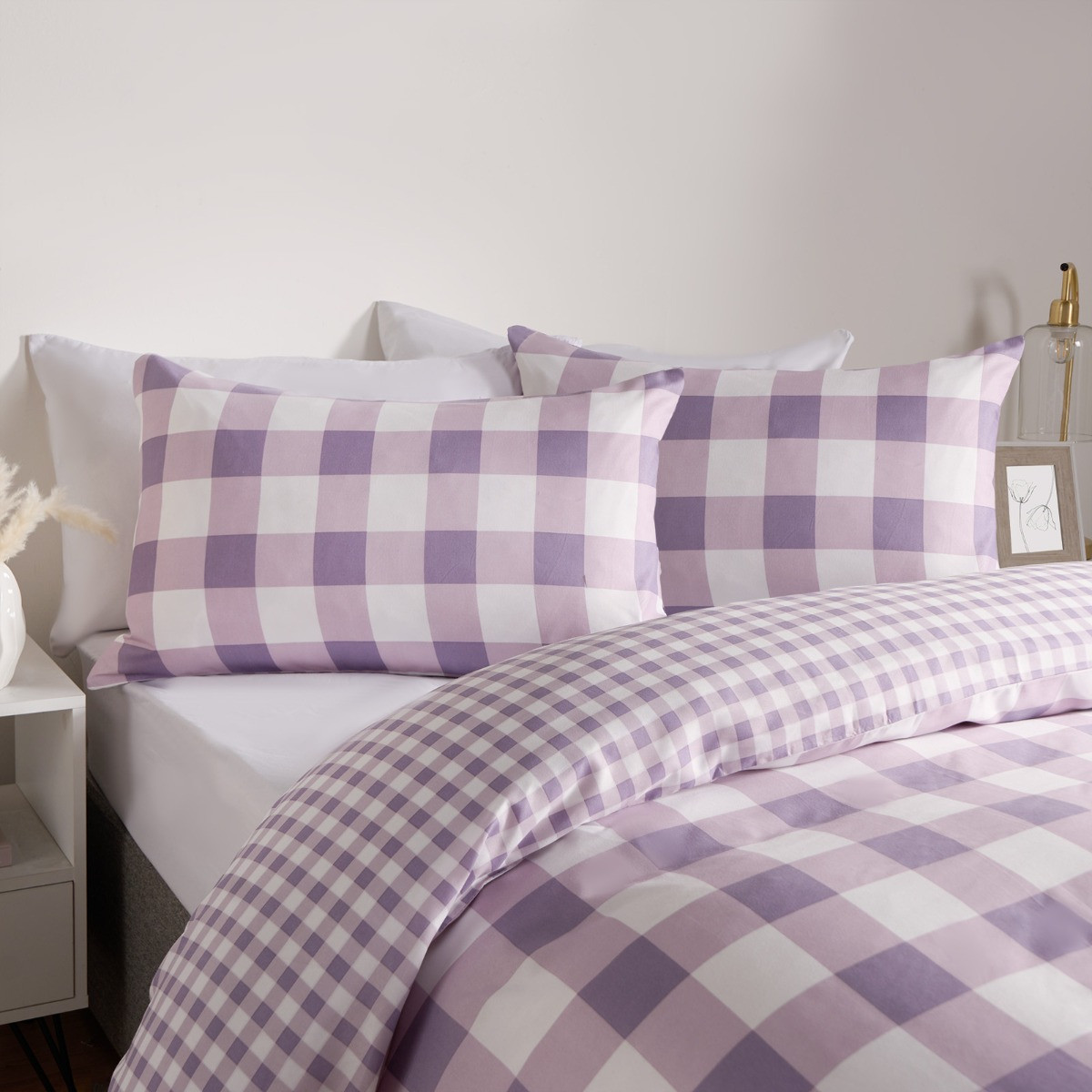 OHS Gingham Reversible Duvet Cover Set - Lilac>