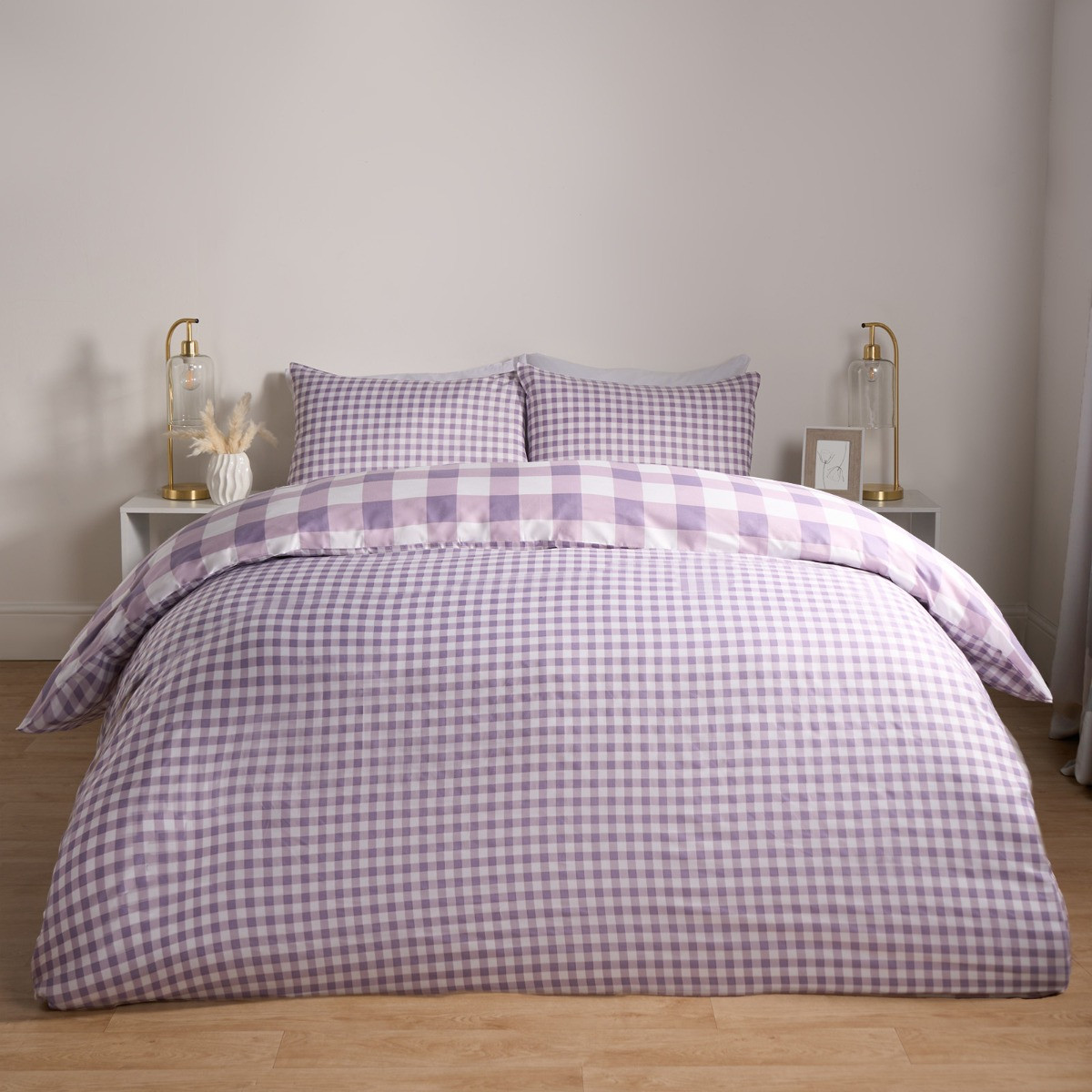 OHS Gingham Reversible Duvet Cover Set - Lilac>