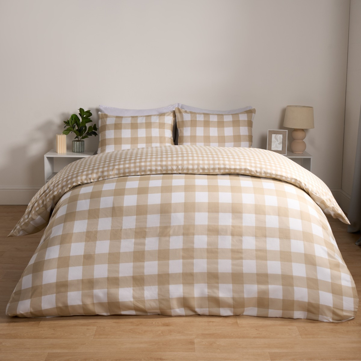 OHS Gingham Reversible Duvet Cover Set - Natural>