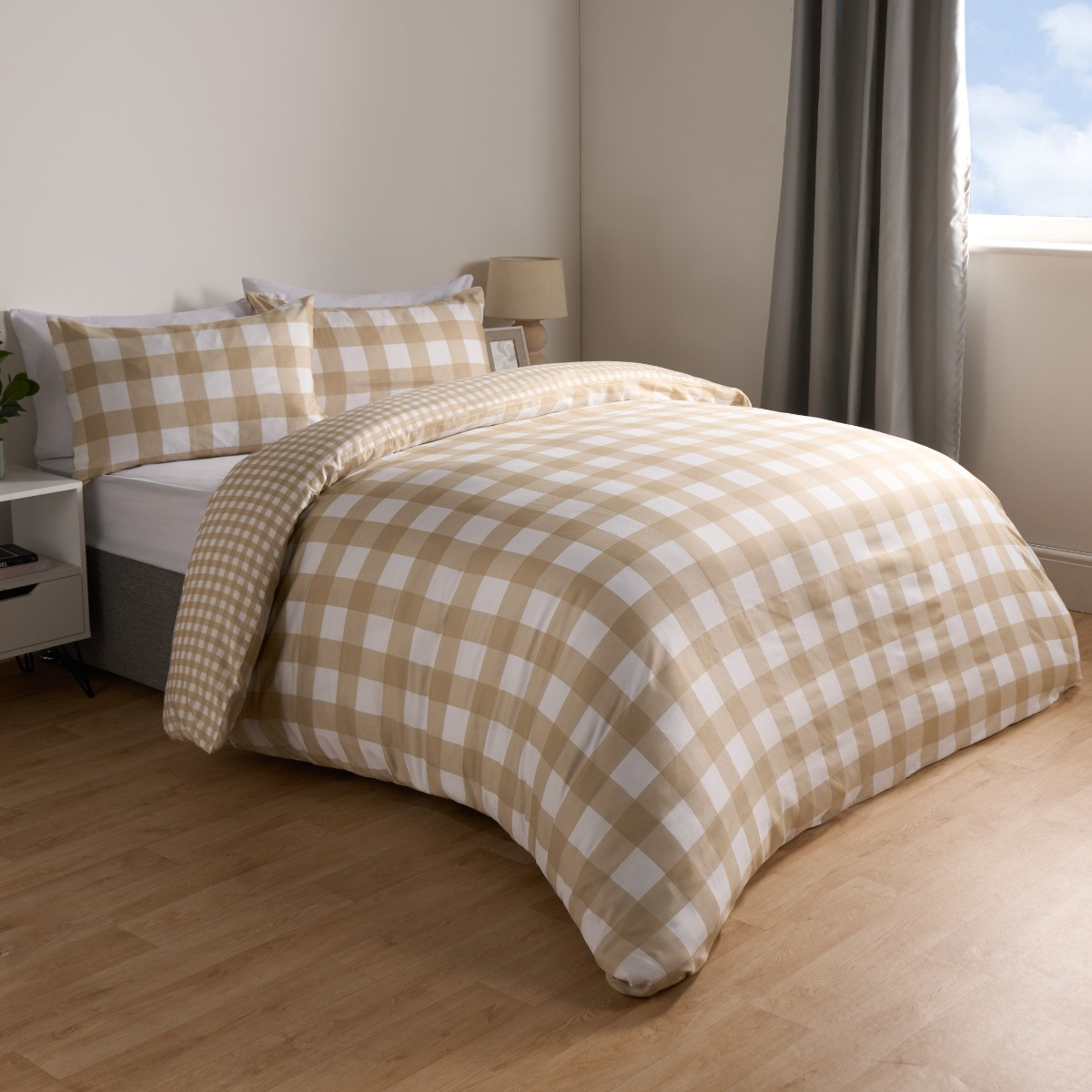 OHS Gingham Reversible Duvet Cover Set - Natural>