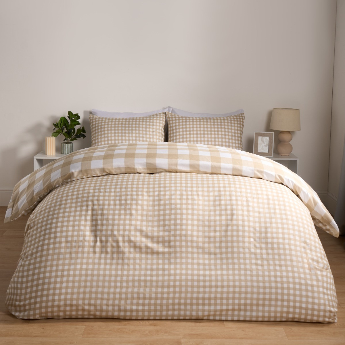 OHS Gingham Reversible Duvet Cover Set - Natural>