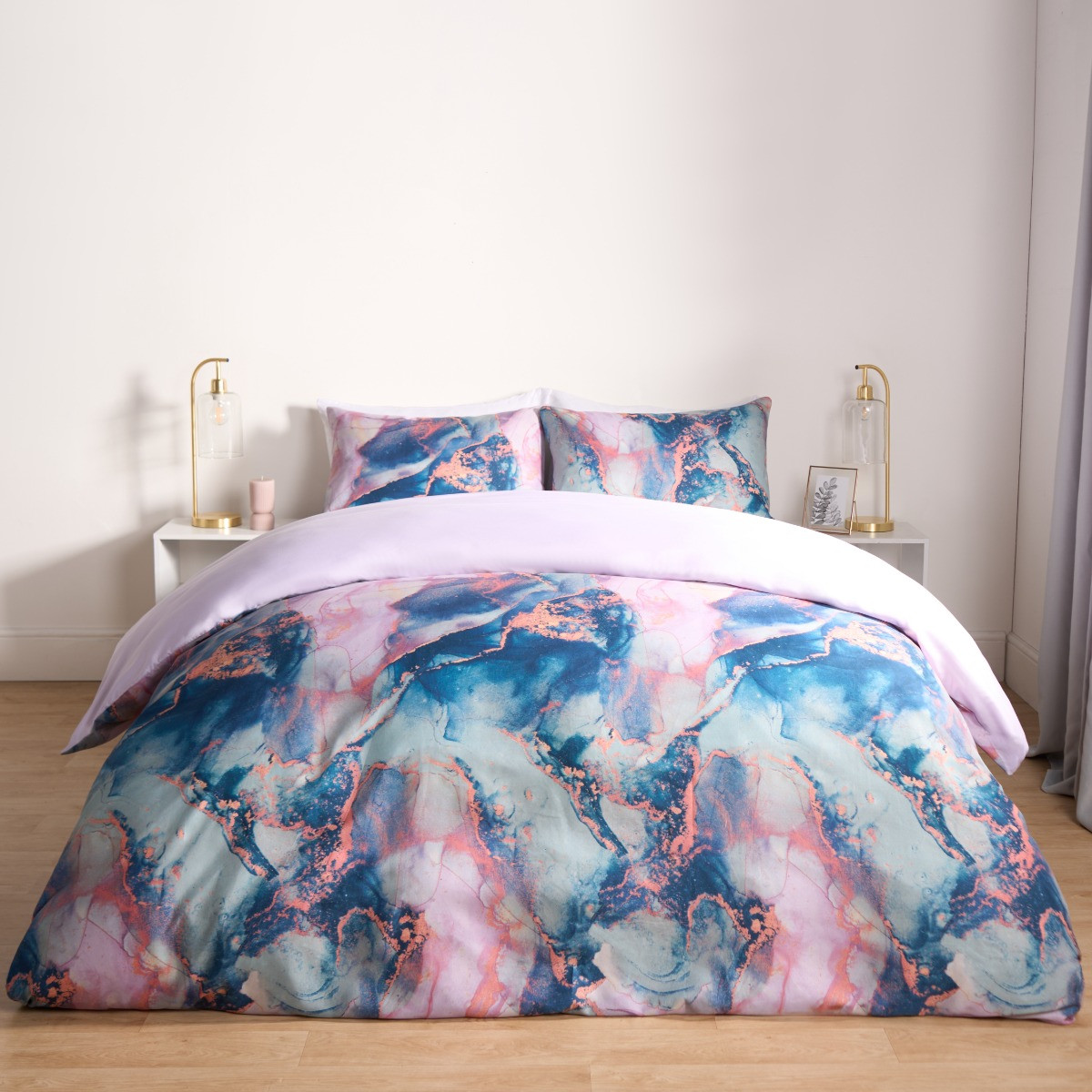 OHS Marble Print Duvet Set - Lilac/Blue >