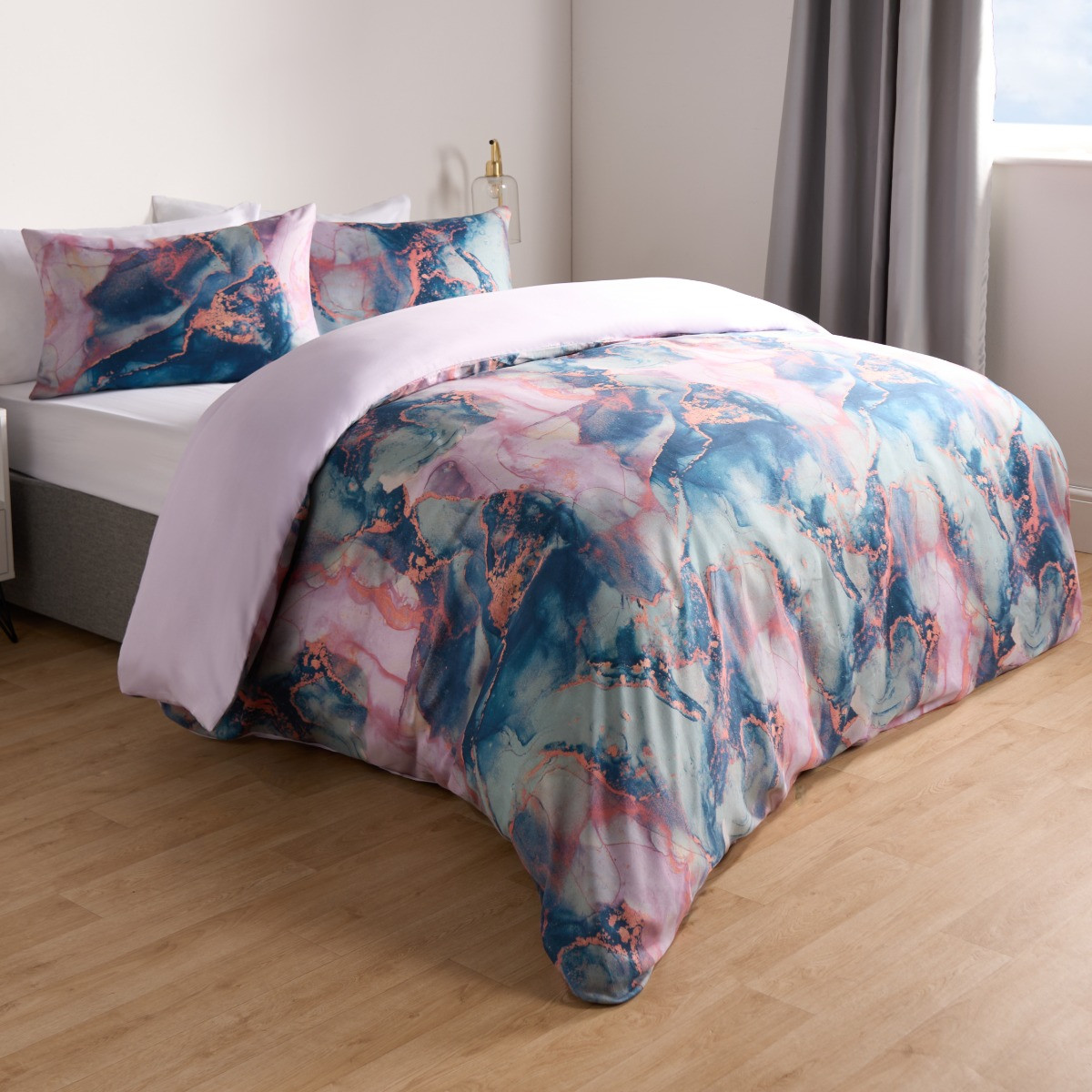 OHS Marble Print Duvet Set - Lilac/Blue >