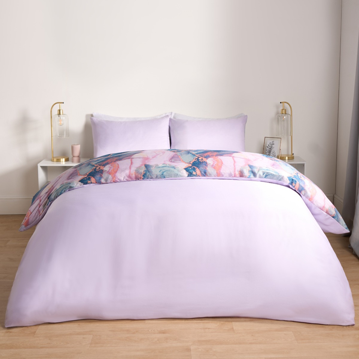 OHS Marble Print Duvet Set - Lilac/Blue >