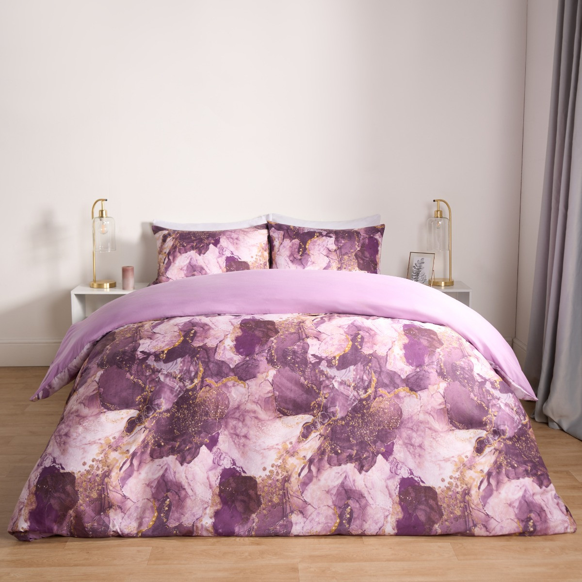 OHS Marble Print Duvet Set - Purple>