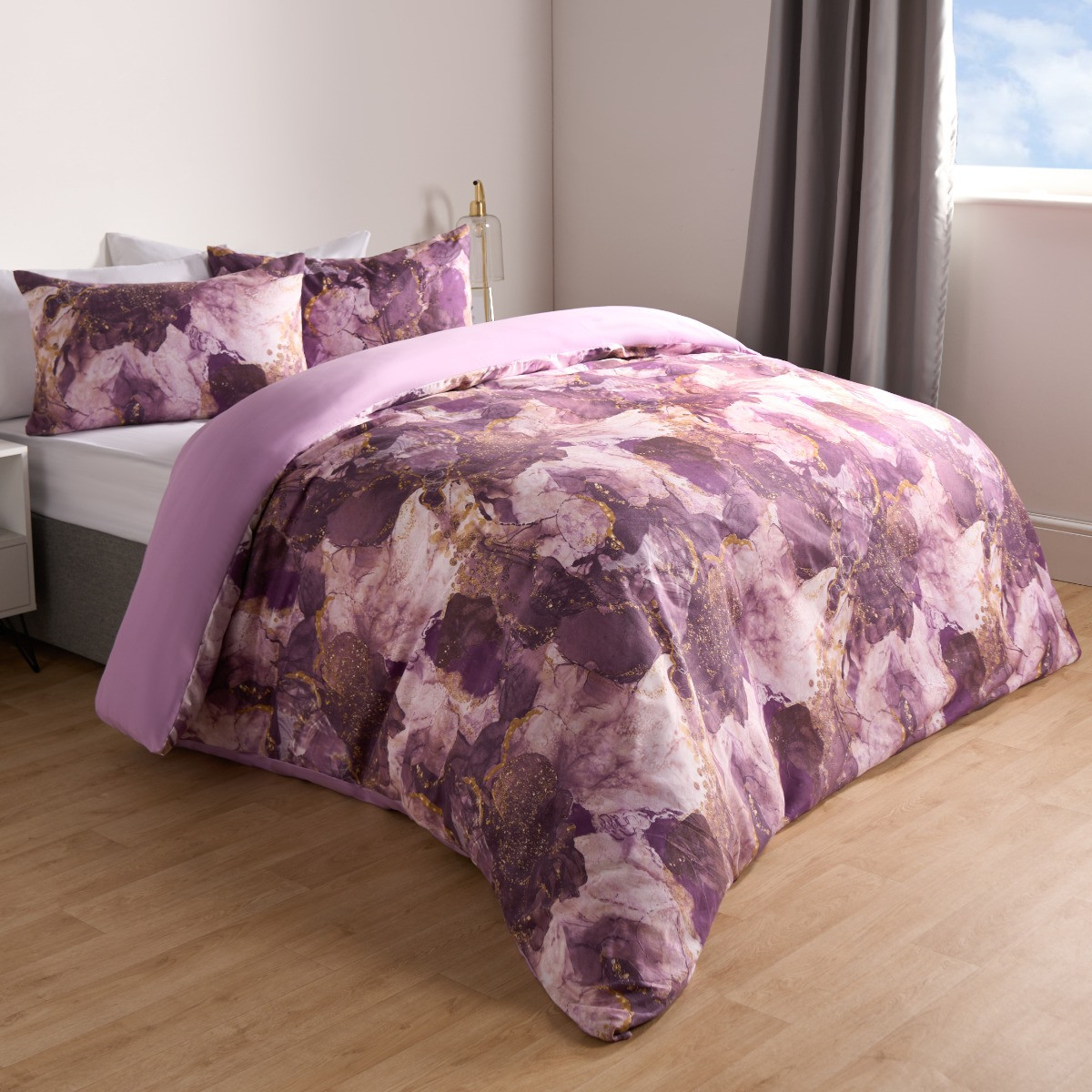 OHS Marble Print Duvet Set - Purple>