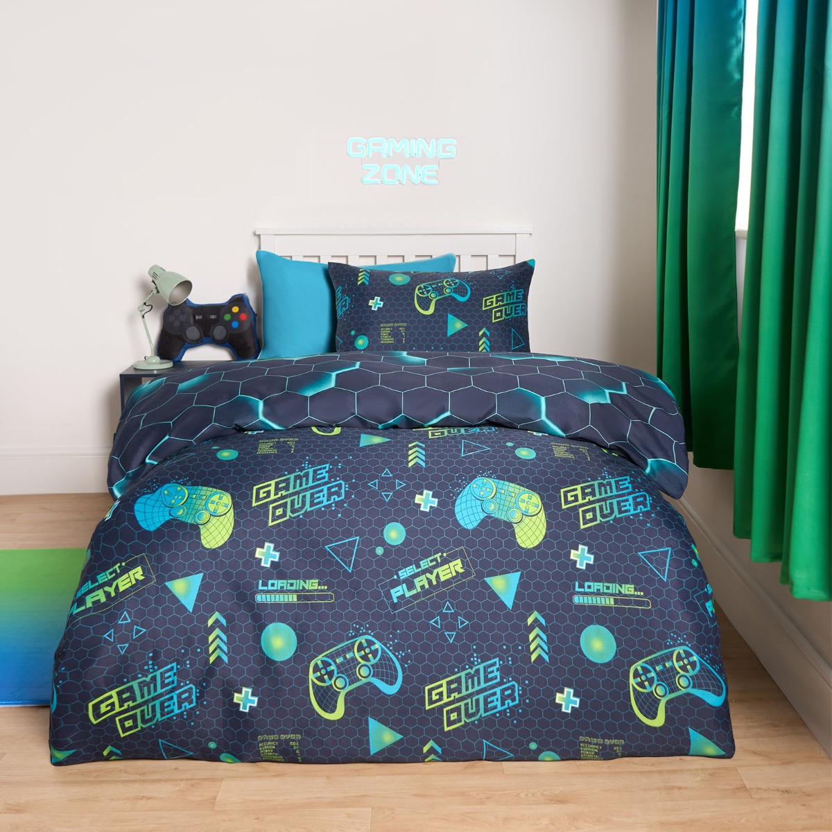 OHS Neon Gaming Honeycomb Reversible Duvet Cover Set - Green/Blue>