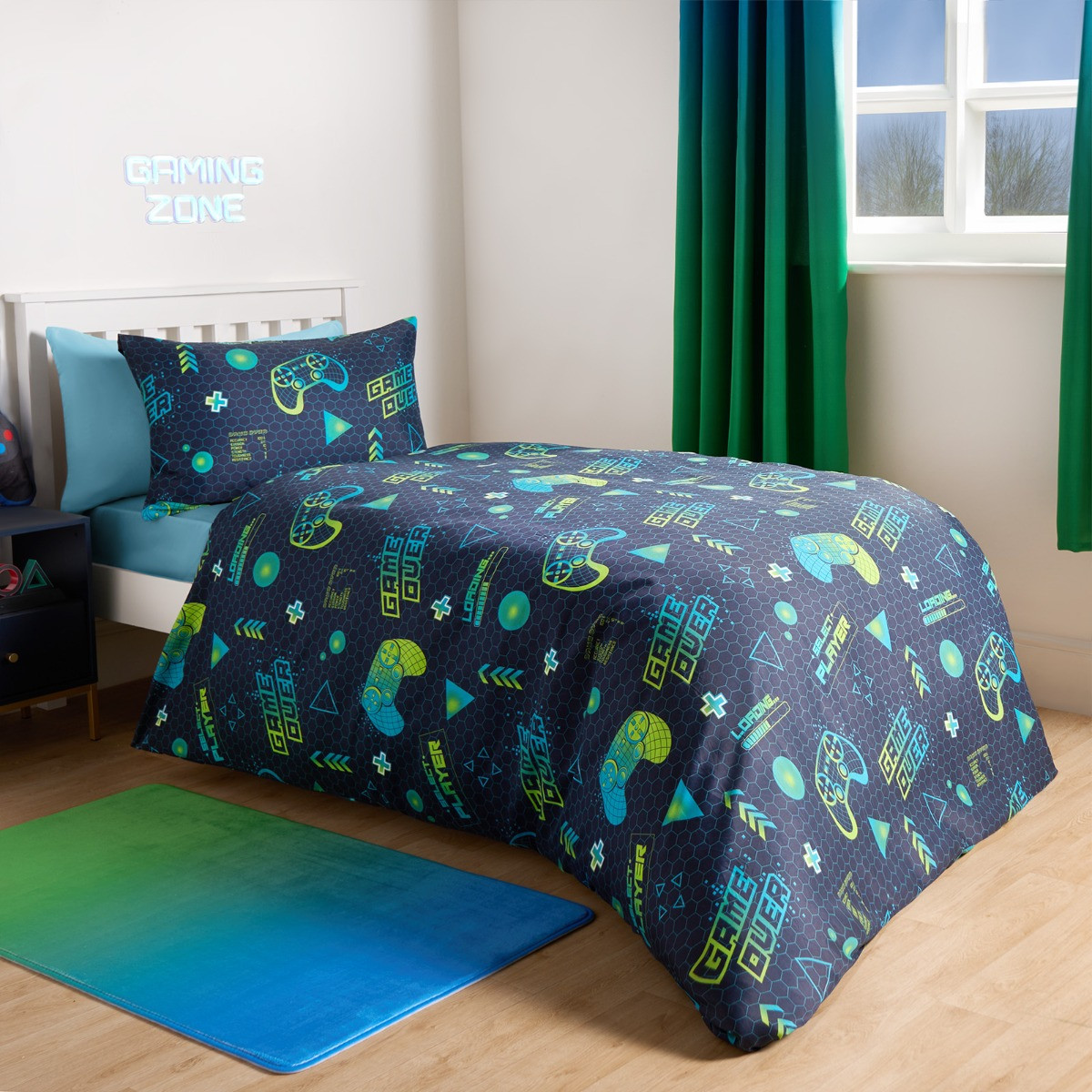 OHS Neon Gaming Honeycomb Reversible Duvet Cover Set - Green/Blue>