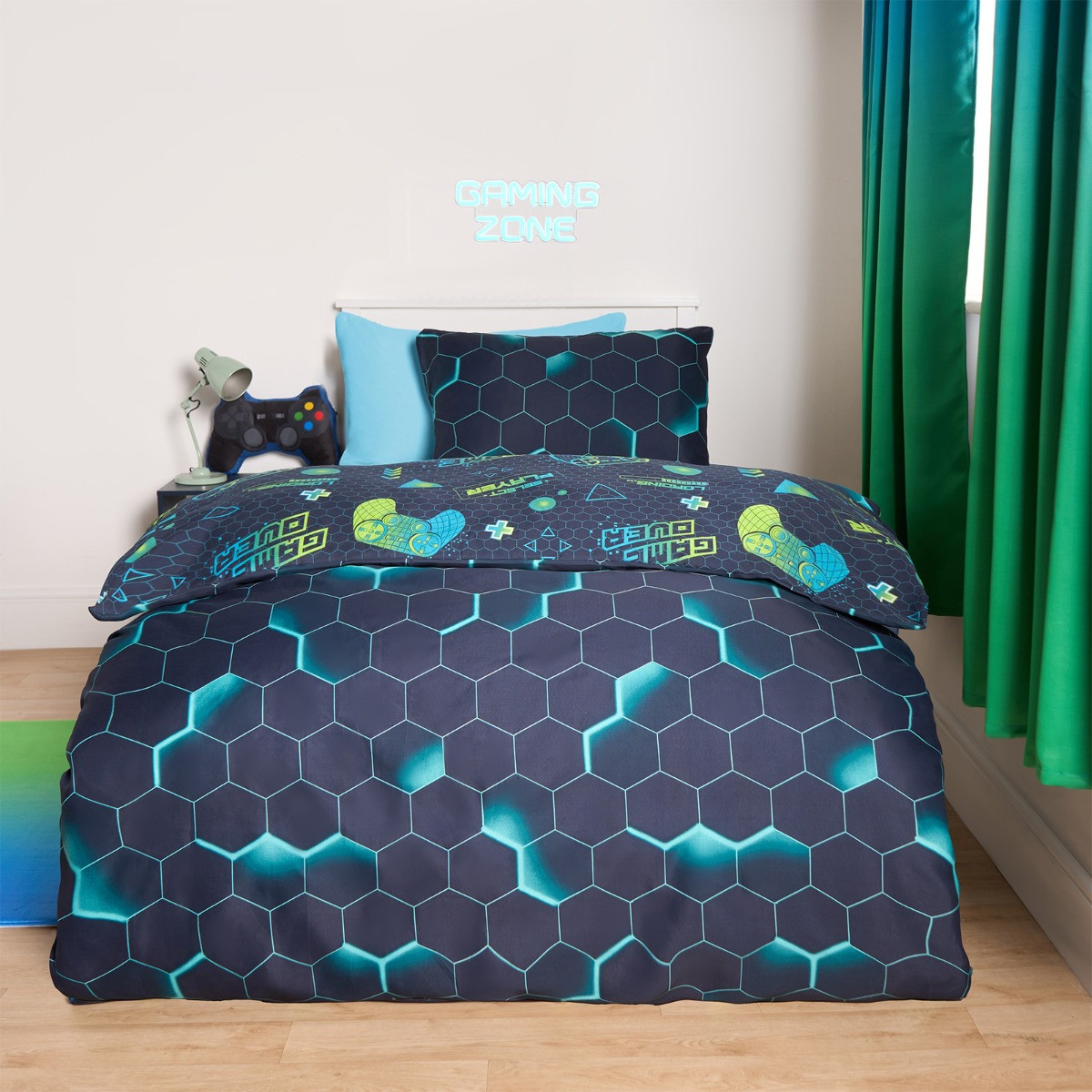 OHS Neon Gaming Honeycomb Reversible Duvet Cover Set - Green/Blue>