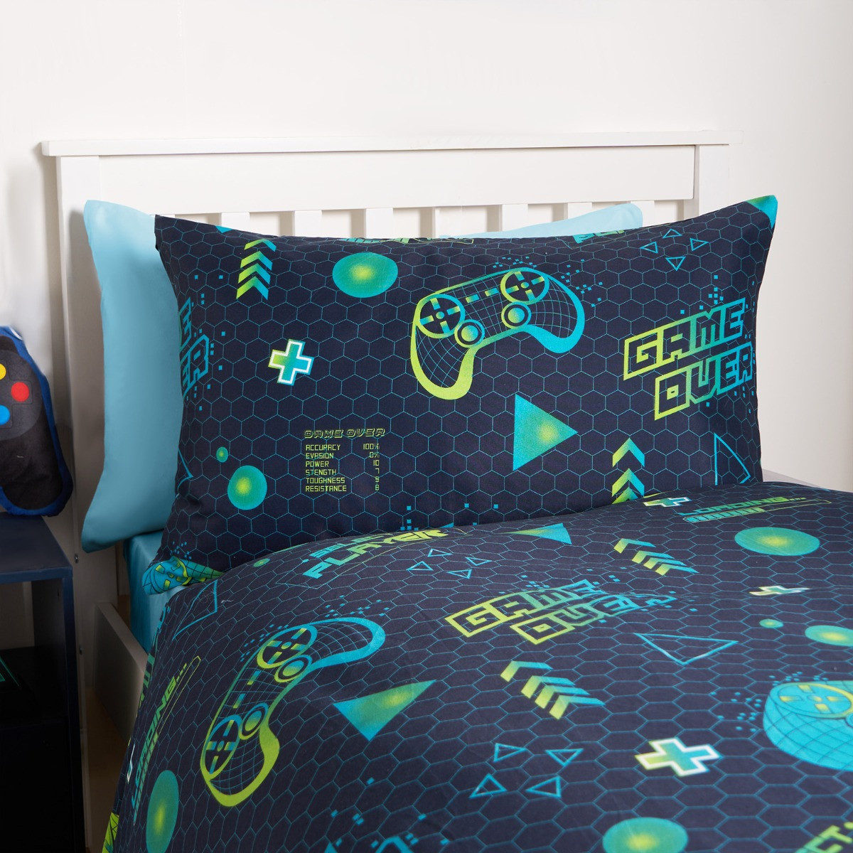 OHS Neon Gaming Honeycomb Reversible Duvet Cover Set - Green/Blue>