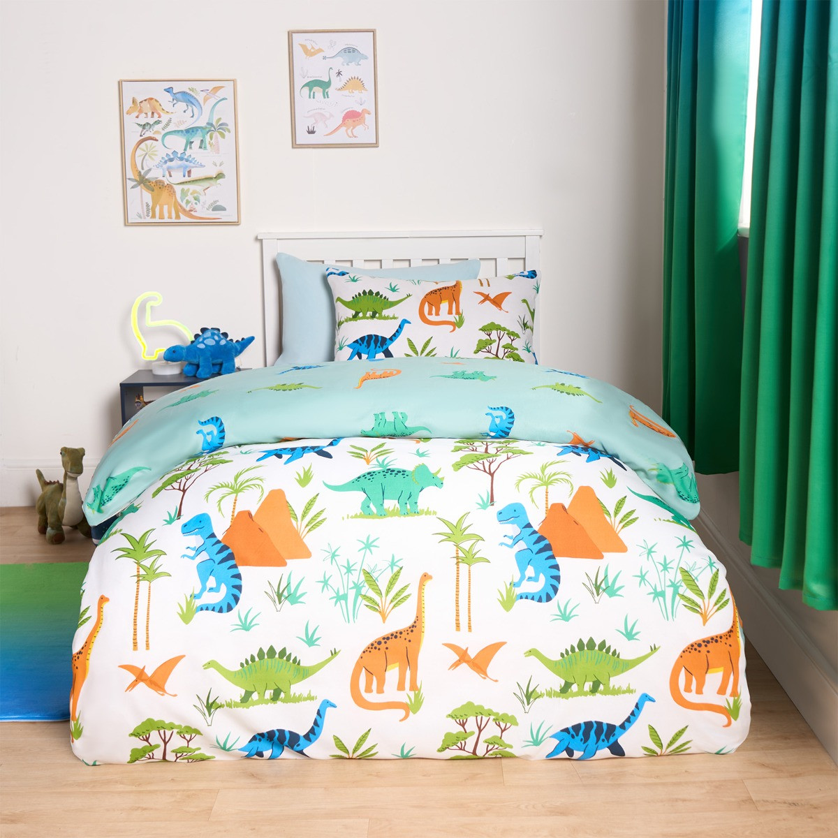 OHS Dinosaur Reversible Duvet Cover Set - White/Blue>