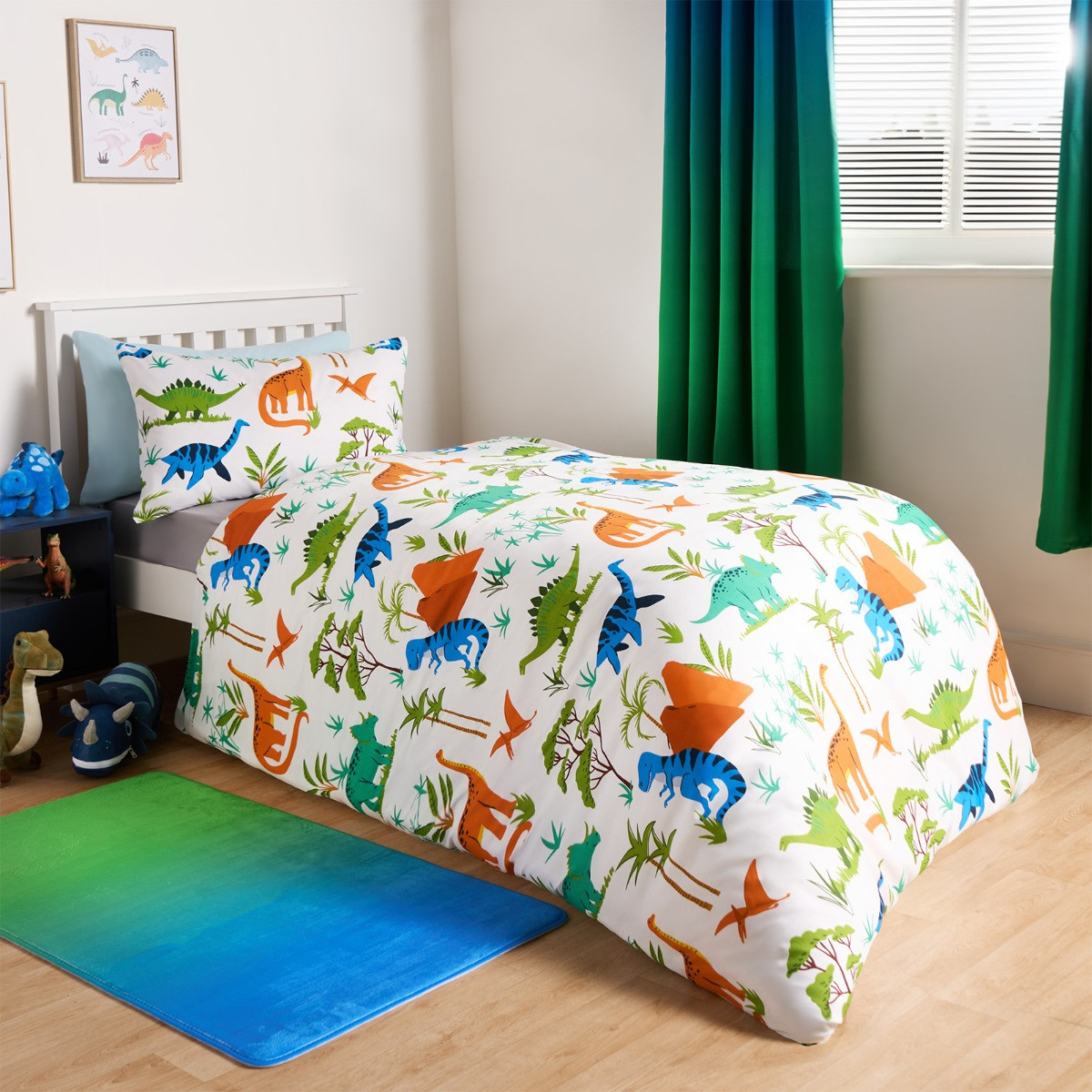 OHS Dinosaur Reversible Duvet Cover Set - White/Blue>