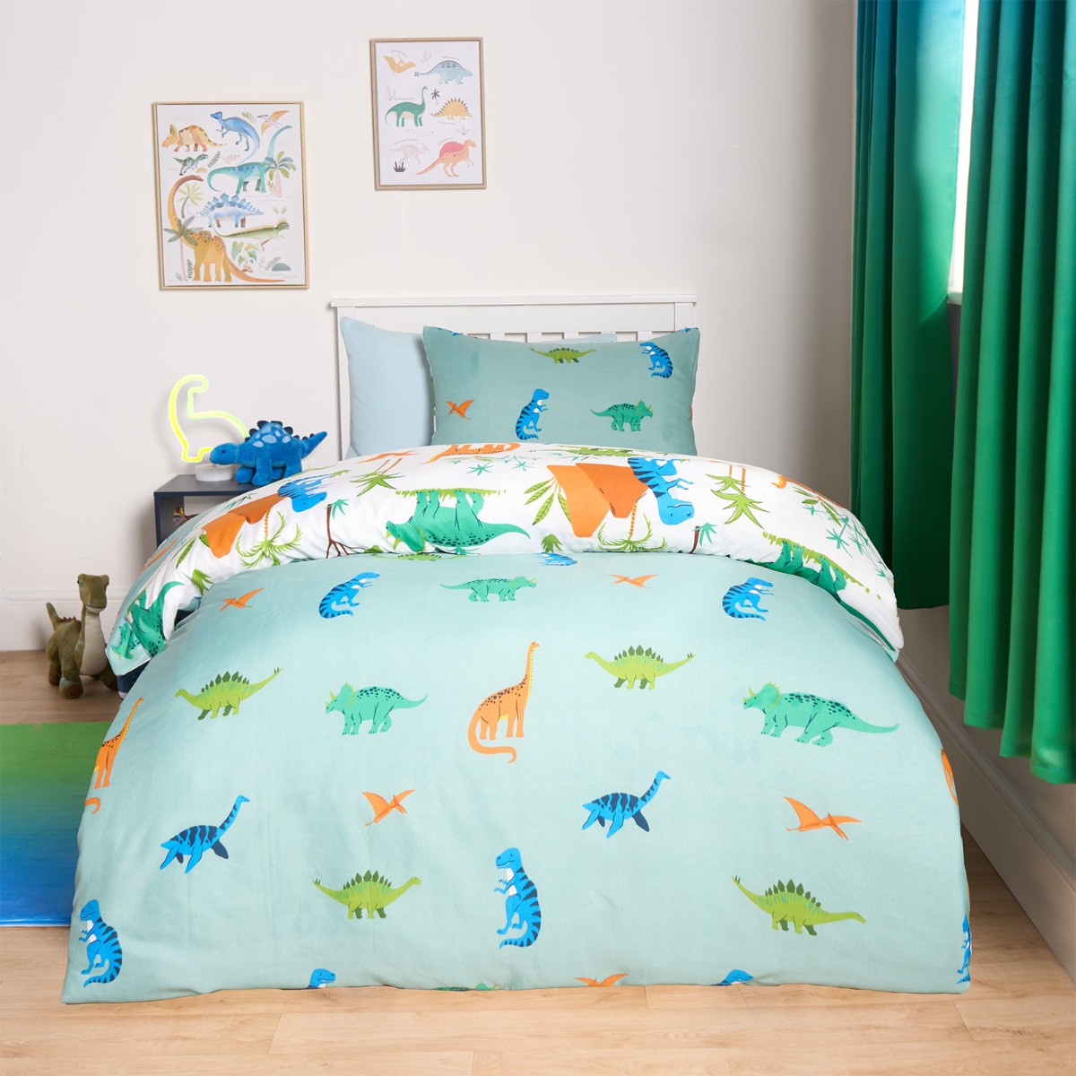 OHS Dinosaur Reversible Duvet Cover Set - White/Blue>