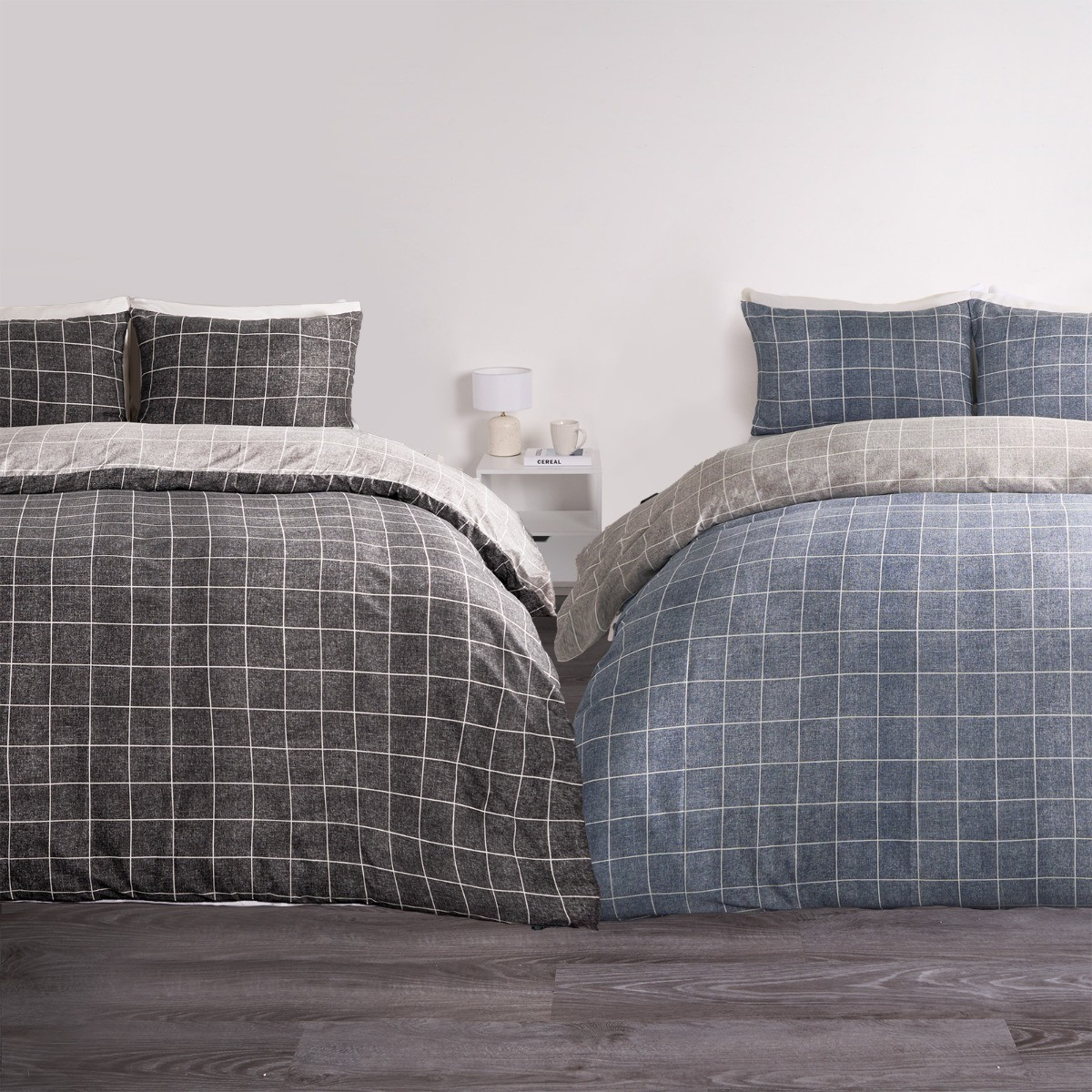 OHS Fine Line Check Duvet Cover Sets 2 Pack - Charcoal Black & Navy Grey>